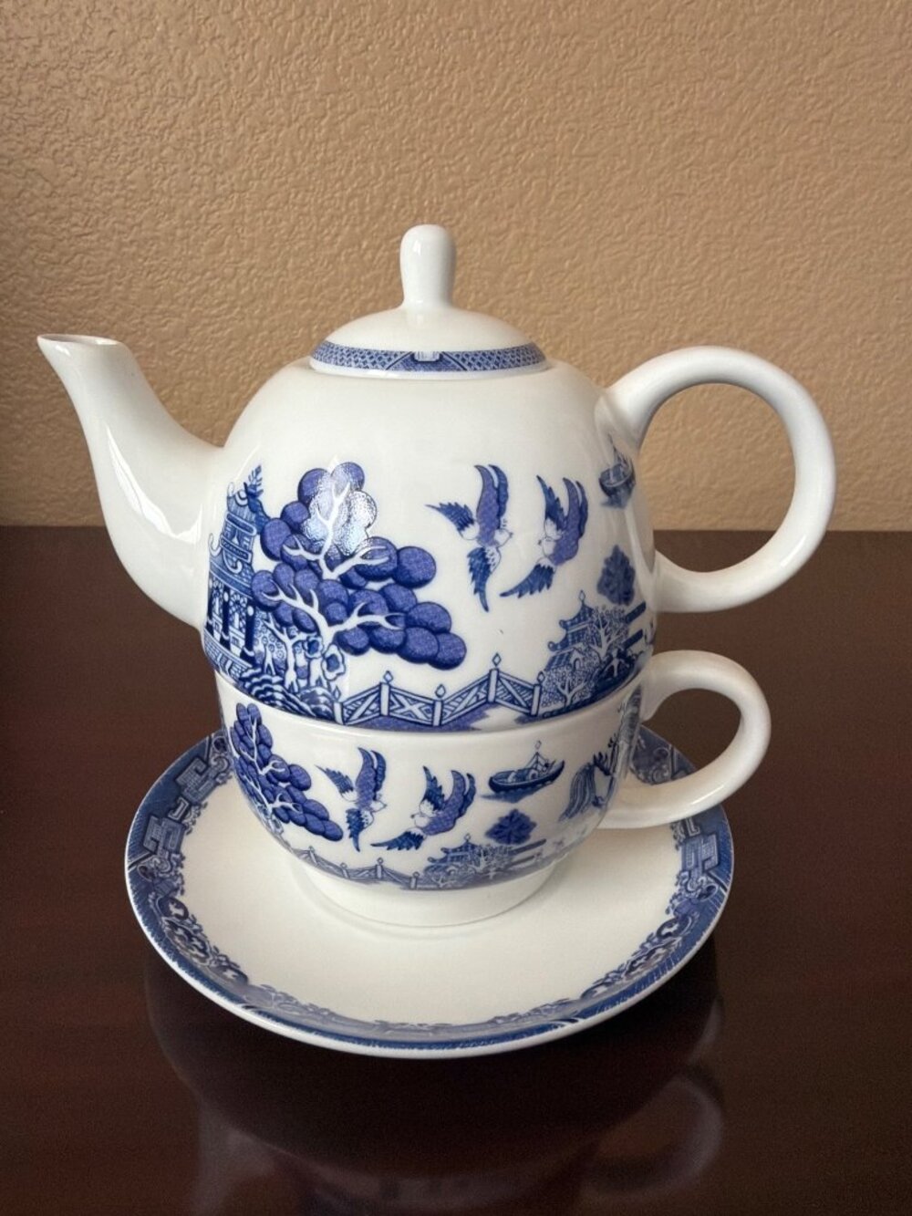 Blue and White Chinoiserie Tea for One Set Teapot Cup Saucer Blue Willow Style